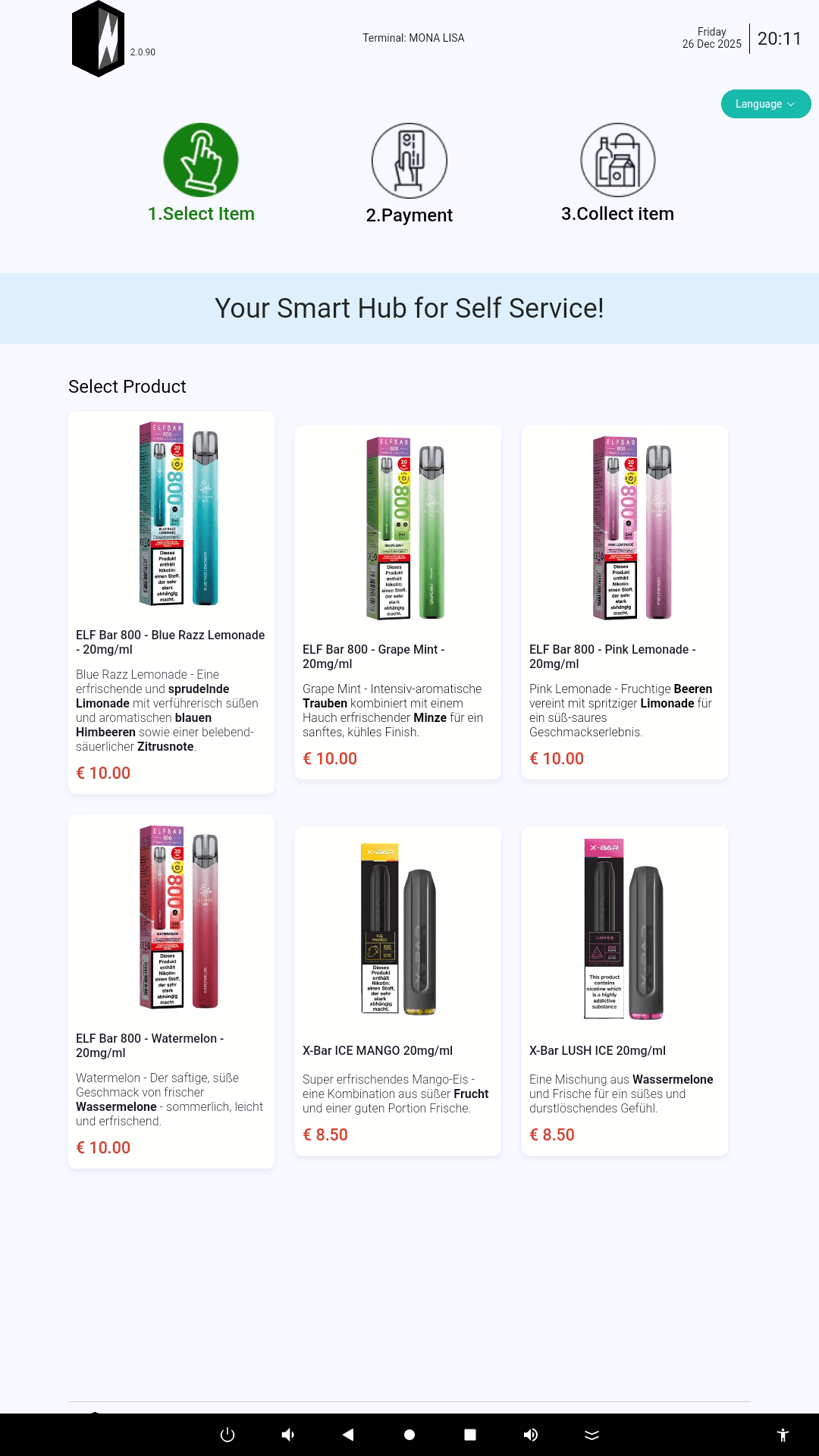 NANO Verkaufsoberfläche mit Produktauswahl und Kaufablauf