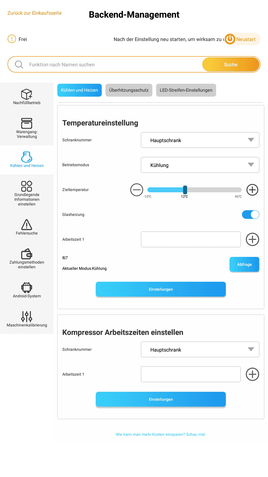 SMART Backend mit Temperatur- und Kühlungseinstellungen